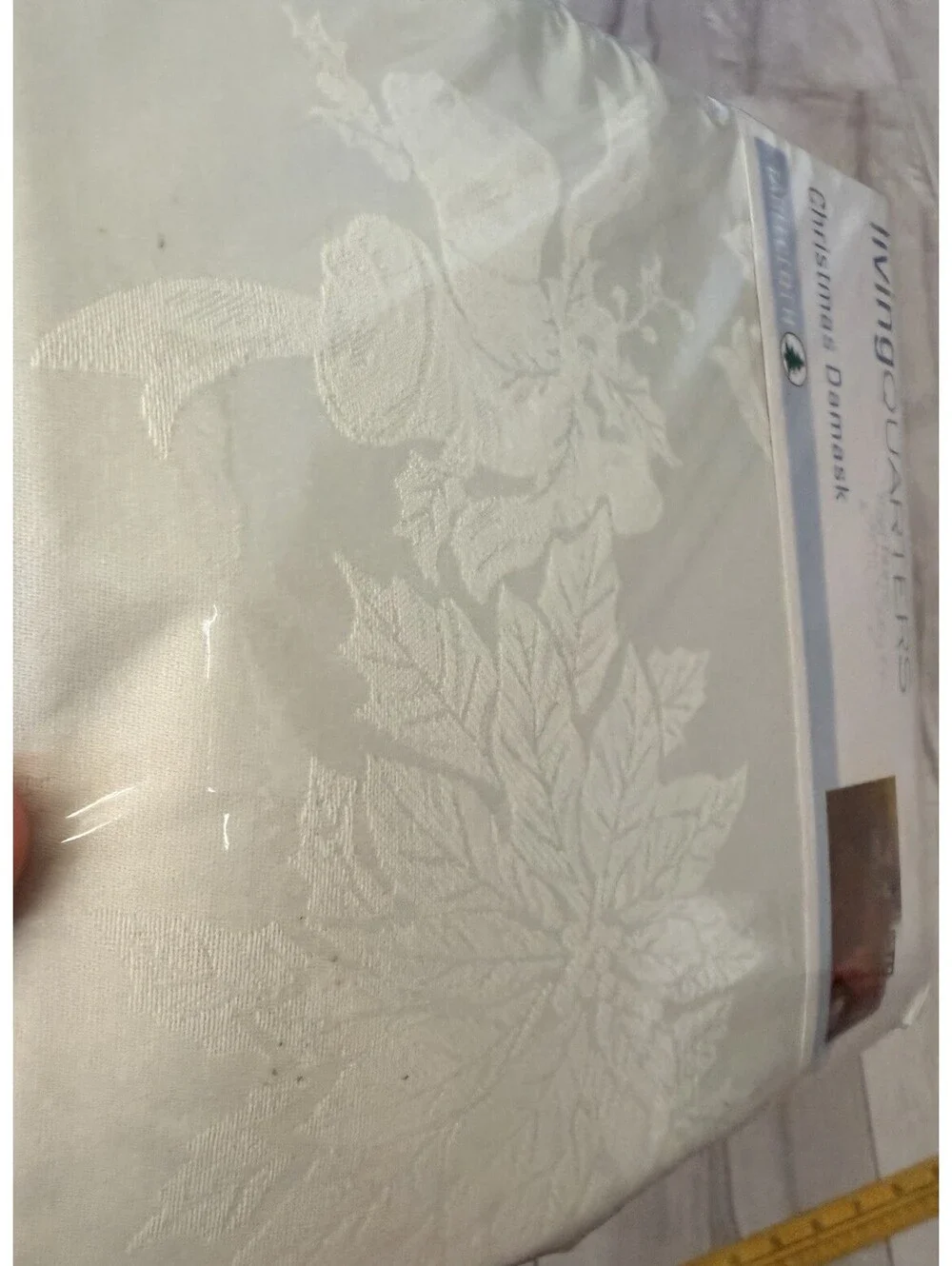 Living Quarters HOLIDAY Christmas Damask Ivory Tablecloth 60x102 Oblong New